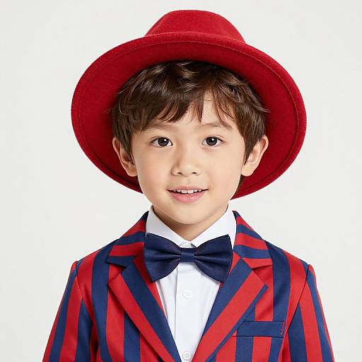 Boy in Red Hat and Striped Outfit