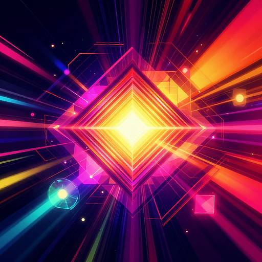 Vibrant digital artwork featuring a glowing yellow diamond at the center, surrounded by neon pink, blue, orange, and purple rays, with geometric shapes