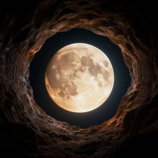 Photograph of a full moon centered in a dark, swirling, textured tunnel with ancient geometric patterns along the edges.