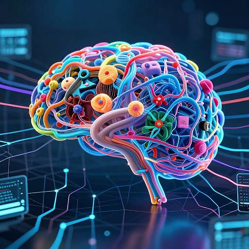 Digital CGI of a vibrant, neon-colored, intricately detailed human brain with colorful wires and circuits, set against a dark, futuristic tech background.