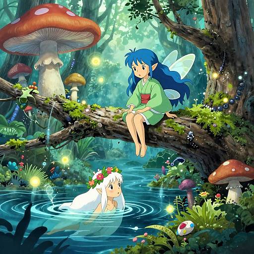 Digital anime-style illustration of a blue-haired fairy girl sitting on a mossy tree branch, watching a white-haired fairy with a flower crown in a glowing