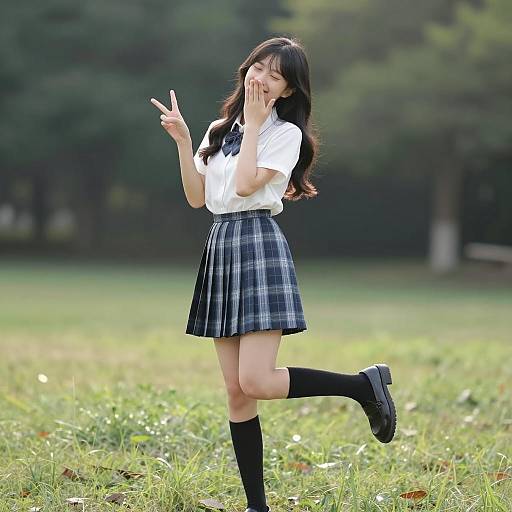 Young Woman in School Uniform Making Peace Sign