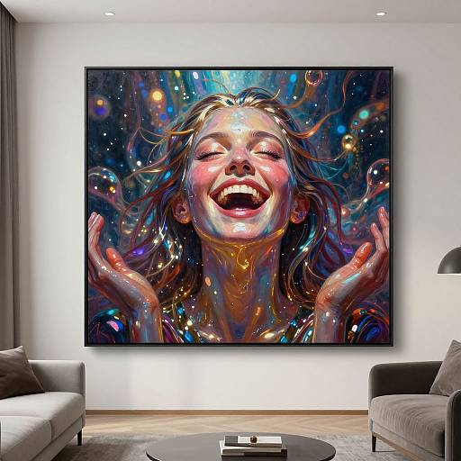 Vibrant, colorful abstract painting of a laughing girl with glowing hands, hanging in a modern living room with gray sofas.