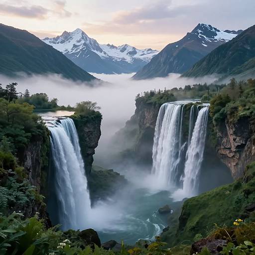 Photograph of twin waterfalls cascading into a misty valley, surrounded by lush greenery and snow-capped mountains under a cloudy sky.