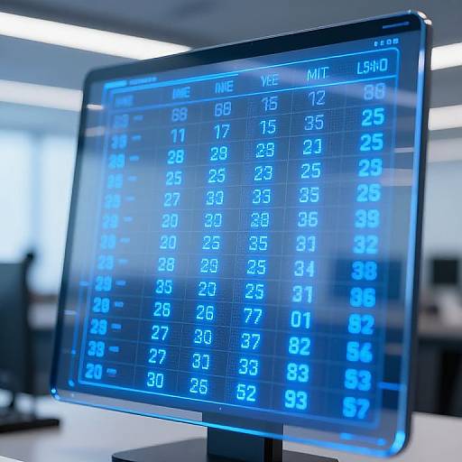 Photograph of a bright blue electronic screen displaying a grid of numbers in white text, showing various data in an office setting.