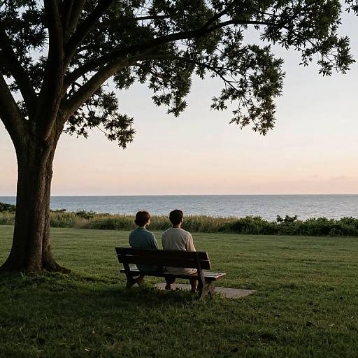 Photograph of two people sitting on a bench under a tree, facing a serene sunset over the ocean, with grassy field in foreground. Silhou