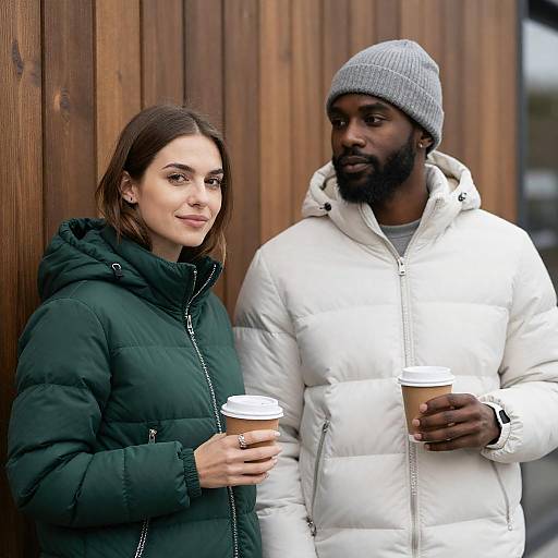 Couple in Puffer Jackets Holding Cups