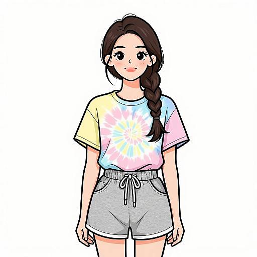 Digital anime-style drawing of a smiling young woman with long brown hair in a braid, wearing a tie-dye shirt and gray shorts.