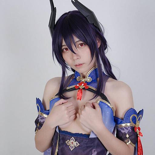Shy Asian Woman in Purple Cosplay