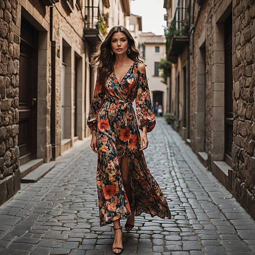 Confident Woman Walking on Cobblestone Street