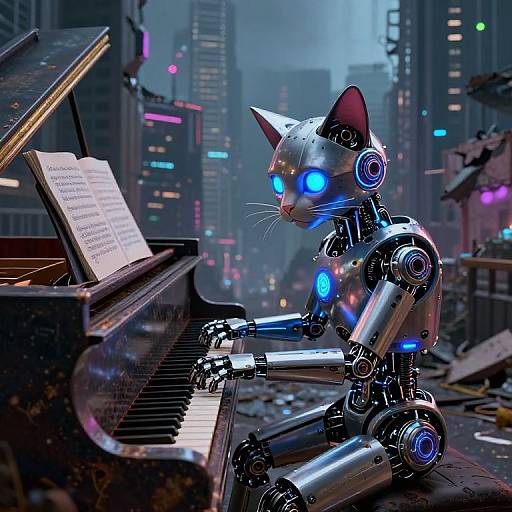 Cybernetic cat playing piano in a neon-lit, post-apocalyptic cityscape, with glowing blue eyes and illuminated mechanical joints. Digital art