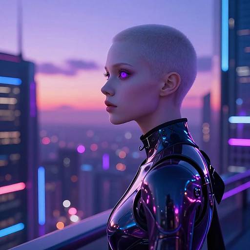 Cyberpunk-style CGI of a bald, pale-skinned woman in a shiny black latex suit, profile view, neon-lit cityscape background.