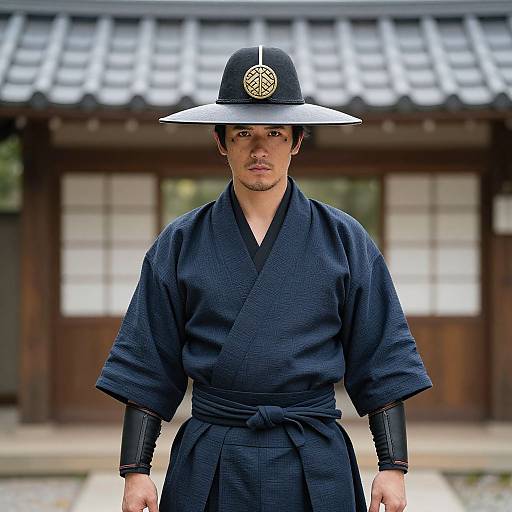 Photograph of a serious Asian man in a black kimono and wide-brimmed hat, standing in front of a traditional Japanese building with wooden walls