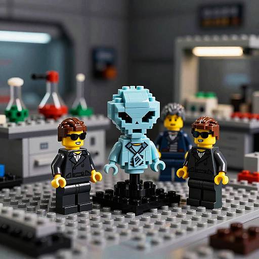 Photograph of LEGO minifigures: two men in black suits, one blue ghost-like figure, background with blurred chemistry lab setup.