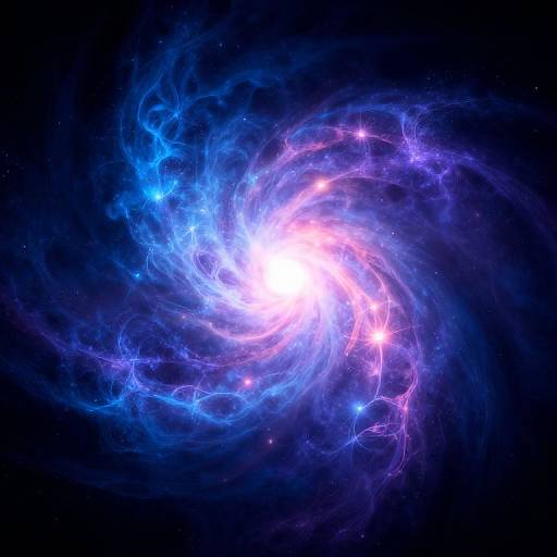 Photograph of a vibrant, swirling galaxy with a bright white core, surrounded by blue and purple neon-like tendrils in a dark space background.