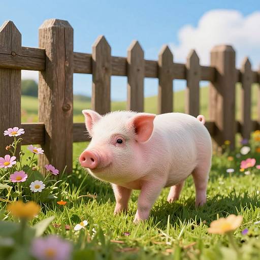 Photograph of a pink piglet standing on green grass with colorful flowers, in front of a wooden fence on a sunny day.