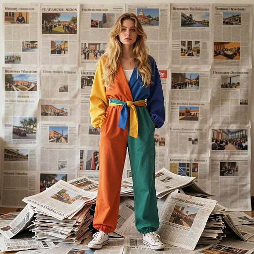 Young Woman in Colorful Jumpsuit Against Newspaper Wall