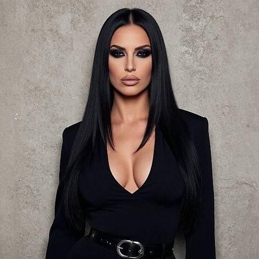 Photograph of a woman with long black hair, heavy makeup, black deep V-neck top, large breasts, black belt, against a gray textured wall