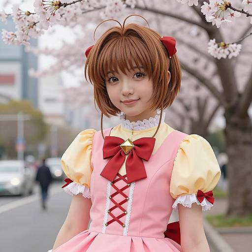 Young Girl in Cardcaptor Sakura Dress with Cherry Blossoms