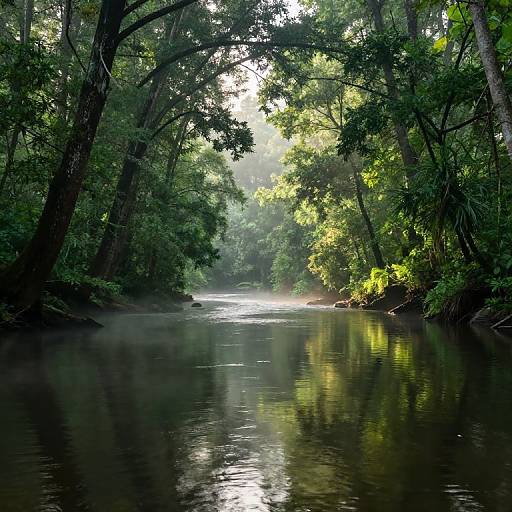 Photograph of a serene, misty forest stream, with sunlight filtering through dense green foliage, reflecting on the calm, dark water.