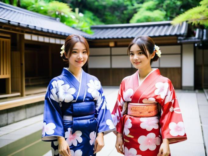 Two Women in Floral Yukata Outdoors