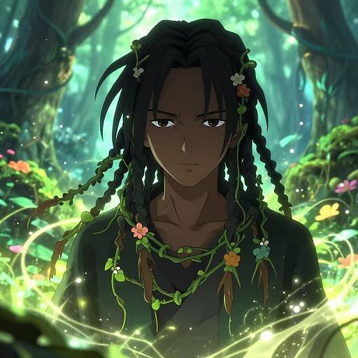 Digital anime-style illustration of a serious dark-skinned man with braided hair adorned with flowers, surrounded by glowing green and yellow magical light in a forest