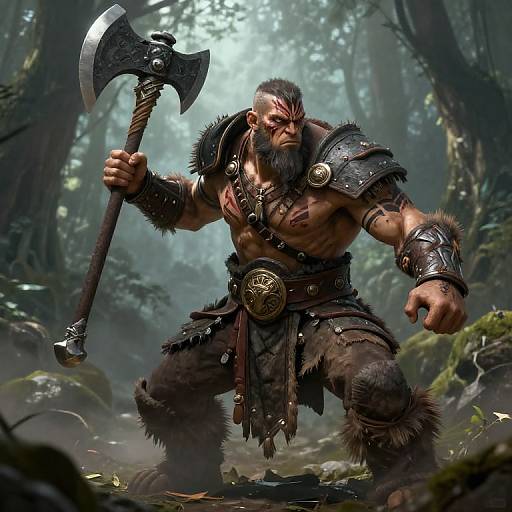 Digital artwork of a muscular, bearded Viking warrior in forest, holding a large axe, wearing leather and fur armor, with intense expression.
