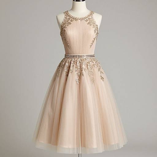 Photograph of a sleeveless, pastel pink, knee-length ball gown with intricate lace embroidery on the bodice and waist, displayed on a white