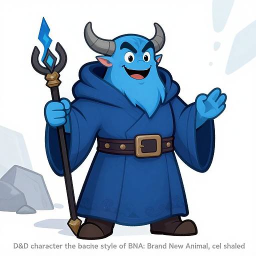 Blue cartoon demon with horns, wearing a blue robe, holding a staff with a blue flame. Smiling, waving, and standing against a white background