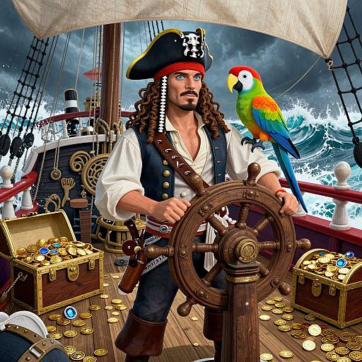 Digital illustration of a muscular pirate with curly hair, black eye patch, and red bandana, steering ship wheel with colorful parrot, treasure chests,