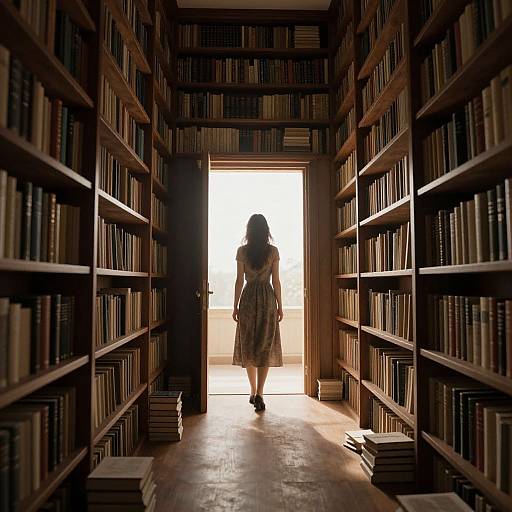 Photograph of a woman in a sleeveless dress walking away from a bright doorway, surrounded by tall, dark wooden bookshelves in a library.
