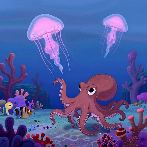 Cartoon-style underwater scene: pink octopus with large eyes, surrounded by colorful corals, two glowing jellyfish above, and two clownfish below