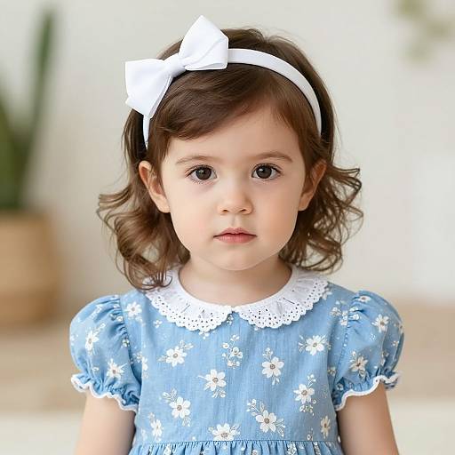 Photograph of a young girl with curly brown hair, wearing a blue floral dress, white lace collar, and white bow headband, against a blurred