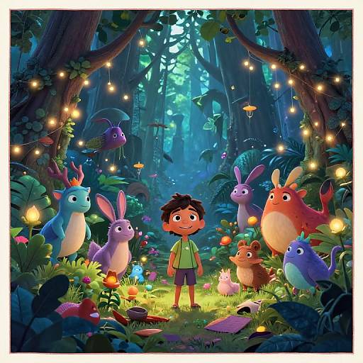 Digital illustration: A smiling boy in a green shirt stands in a magical, moonlit forest, surrounded by colorful, friendly creatures and glowing lights.