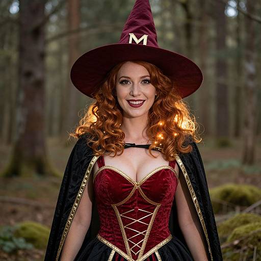 Photograph of a smiling red-haired woman in a maroon witch hat and corset with gold trim, black cape, standing in a forest.
