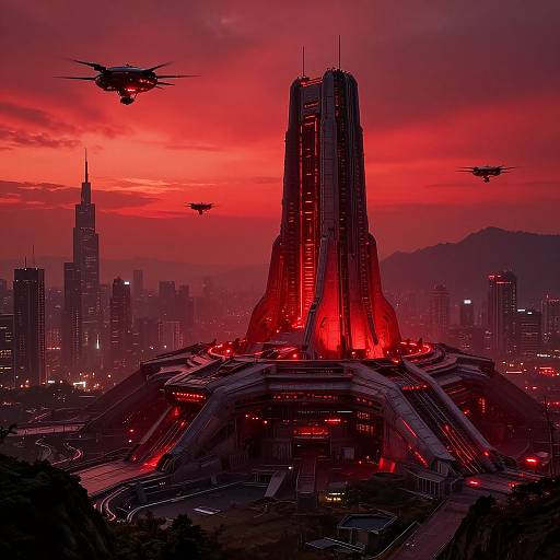 Digital art of a futuristic cityscape at sunset, featuring a towering red-lit skyscraper with three flying drones, surrounded by dark skyscrapers and