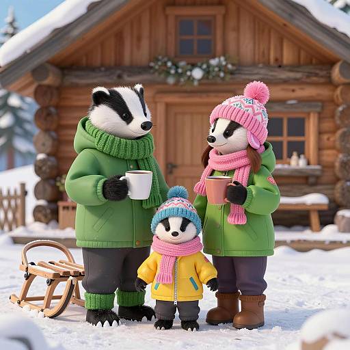 Festive Badger Family in Winter Wonderland