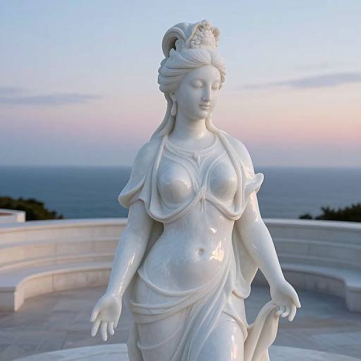 Photograph of a white marble statue of a serene, classical-style woman with flowing hair and draped robes, set against a sunset ocean view.