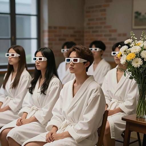 Group in Robes Enjoying Dim Lights