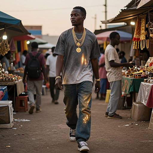 Photograph of a tall, dark-skinned man wearing a gray T-shirt, gold chain, and jeans with a sunburst design, walking through a