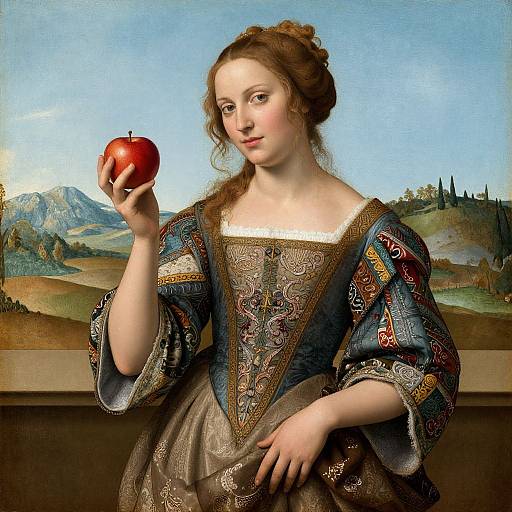 Renaissance painting of a fair-skinned woman with brown hair, wearing an elaborate blue and gold dress, holding a red apple against a scenic landscape