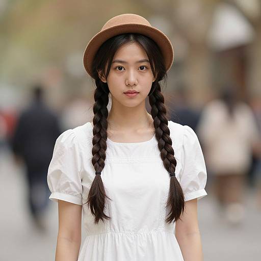 Photograph of an Asian woman with long black braids, wearing a white dress and brown hat, standing in a blurred urban street.