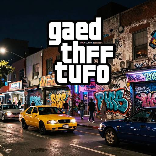 Nighttime urban street scene with colorful graffiti, yellow taxi, blue car, illuminated storefronts, and bold white text overlay 