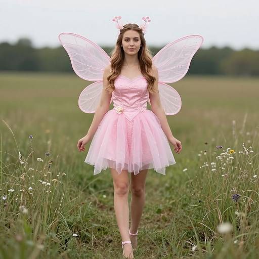Photograph of a young woman with long brown hair, wearing a pink fairy dress and translucent pink wings, walking through a grassy field with wildflowers