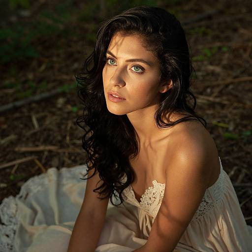Photograph of a young woman with long, wavy black hair, light skin, and green eyes, wearing a white lace dress, sitting on the