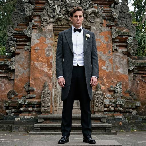 Photograph of a handsome man in a black tuxedo with white shirt and black bow tie, standing in front of an ornate, weathered