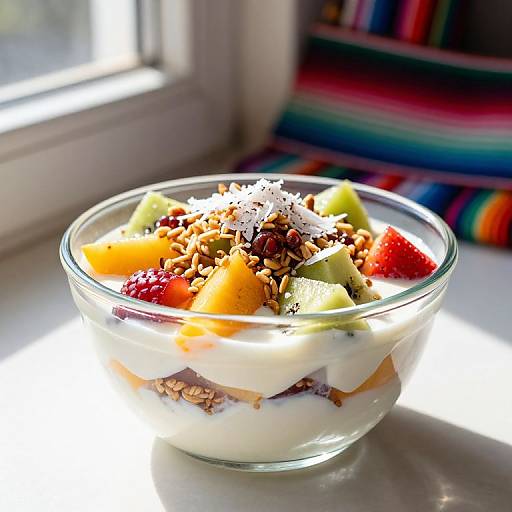 Photograph of a glass bowl filled with layered yogurt, fruit (strawberries, orange, green apple), granola, and topped with shredded coconut