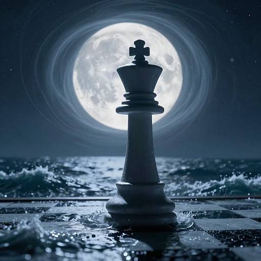Photograph of a large white chess king silhouetted against a glowing full moon, standing on a wet, reflective chessboard with ocean waves in