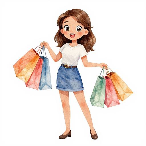 Watercolor illustration of a cheerful young woman with brown hair, wearing a white t-shirt, blue skirt, and brown shoes, holding colorful shopping bags in