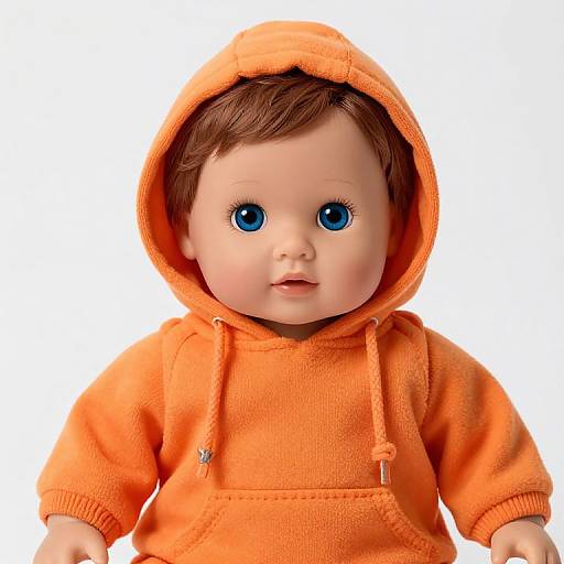 Photograph of a doll with blue eyes, brown hair, and an orange hooded sweatshirt against a white background.